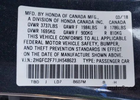 2018 Honda Civic Ex из США, поврежденный, VIN 2HGFC2F71JH548623